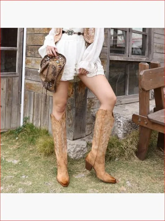 Vintage Western Knee-High Boots with Embroidery, Faux Leather, Block Heel - Picture 3 of 7